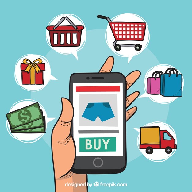 Móvil y elementos de compras con estilo de dibujo animado