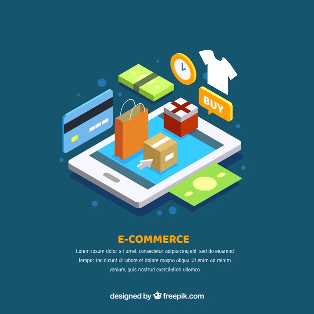 Móvil y elementos de compras con perspectiva isométrica