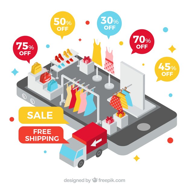 Móvil y tienda de ropa con diseño plano