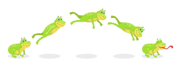 Movimiento de secuencia de salto animado del conjunto de ranas. Ilustraciones vectoriales de pequeños sapos salvajes con lengua. Salto de dibujos animados de rana verde, animal divertido saltando y sentado aislado en blanco. Película, concepto de movimiento