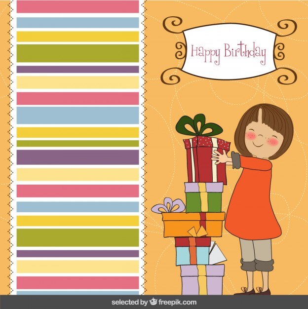 Muchacha feliz con la tarjeta de regalos de cumpleaños