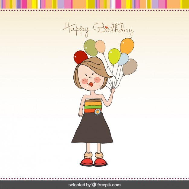 Muchacha con la tarjeta globos de cumpleaños