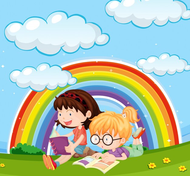 Muchachas que leen el libro en parque con el arco iris en cielo
