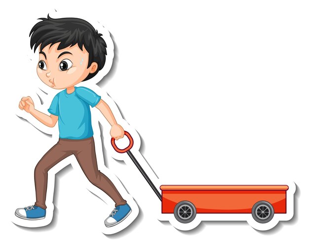 Muchacho asiático tirando de la etiqueta engomada del personaje de dibujos animados del carro