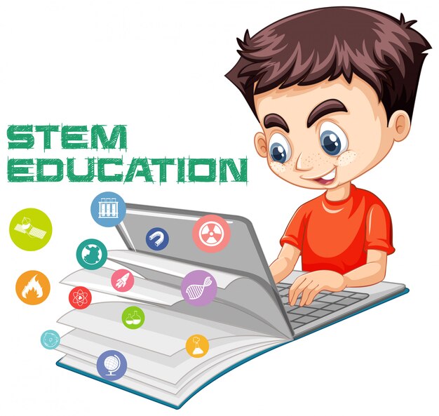 Muchacho que busca en la computadora portátil con el estilo de dibujos animados del logotipo de la educación de la madre