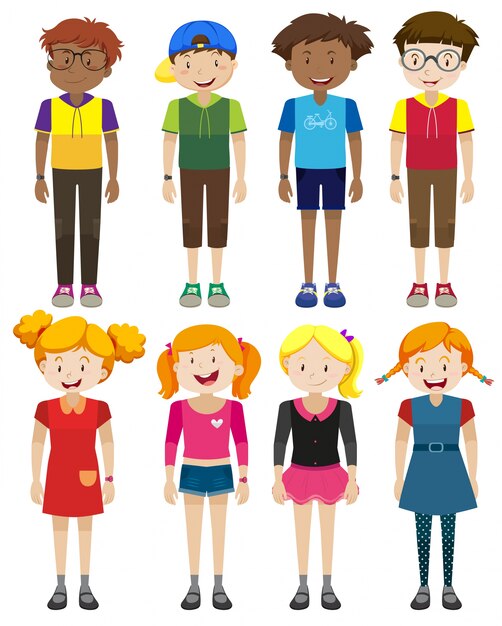 Muchachos y muchachas con la ilustración feliz de la cara
