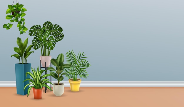 Vector gratuito muchas plantas de interior juntas se muestran en el lado izquierdo de la imagen ilustración vectorial realista