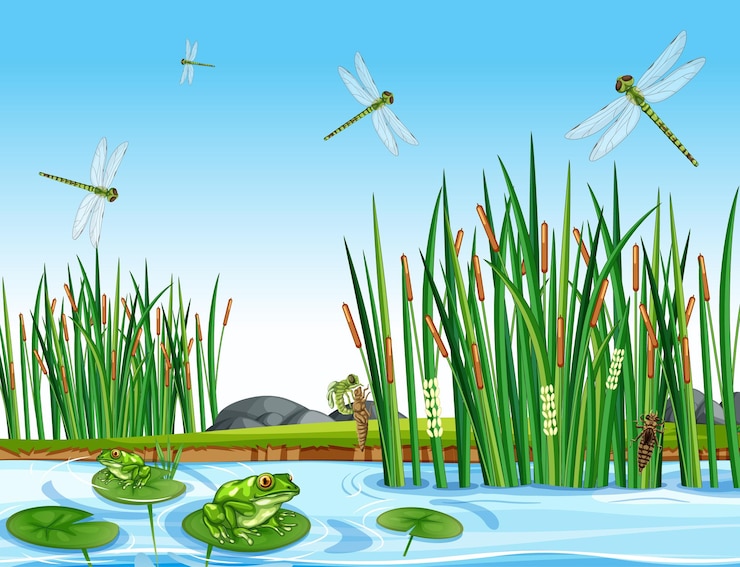 Vector gratuito muchas ranas verdes y libélulas en la escena del estanque.