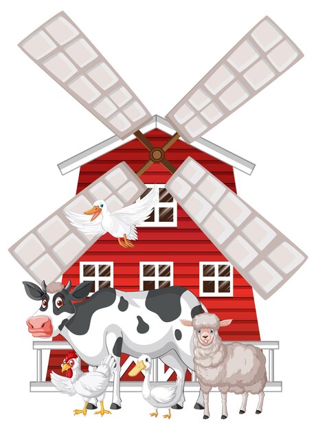 Muchos animales de granja y granero rojo.