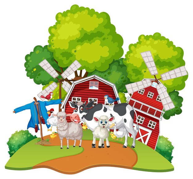 Muchos animales de granja en la granja