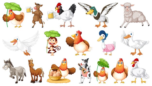 Muchos animales de granja sobre fondo blanco.