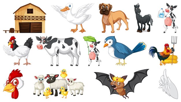 Muchos animales de granja sobre fondo blanco.