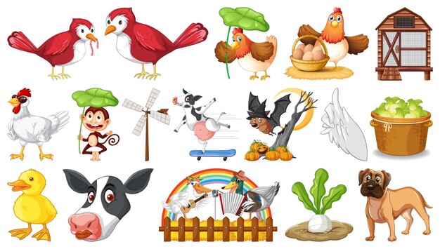 Muchos animales de granja sobre fondo blanco.