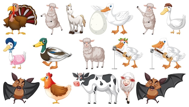 Muchos animales de granja sobre fondo blanco.