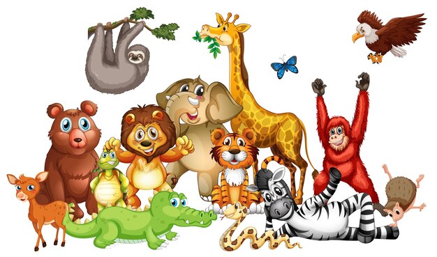 Muchos animales lindos sobre fondo blanco.