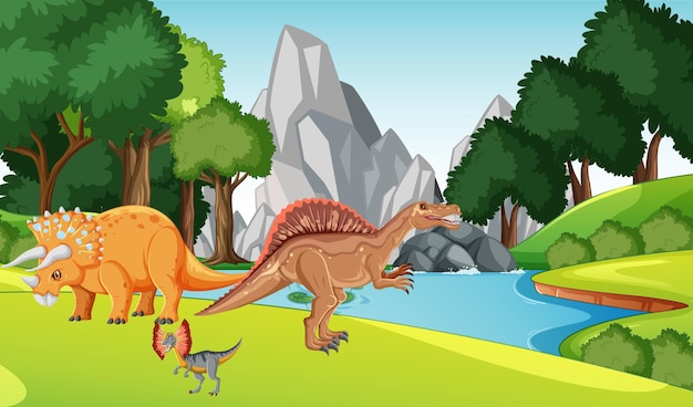 Vector gratuito muchos dinosaurios por el río