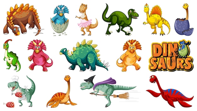 Muchos dinosaurios sobre fondo blanco.