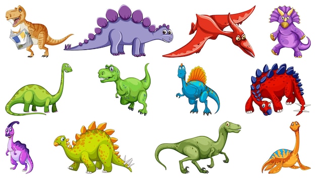 Vector gratuito muchos dinosaurios sobre fondo blanco.