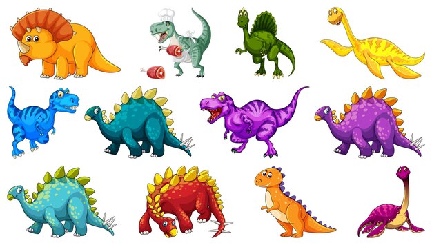 Muchos dinosaurios sobre fondo blanco.