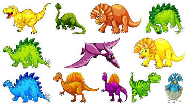 Muchos dinosaurios sobre fondo blanco.