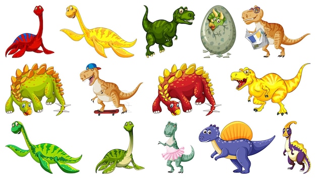 Vector gratuito muchos dinosaurios sobre fondo blanco.