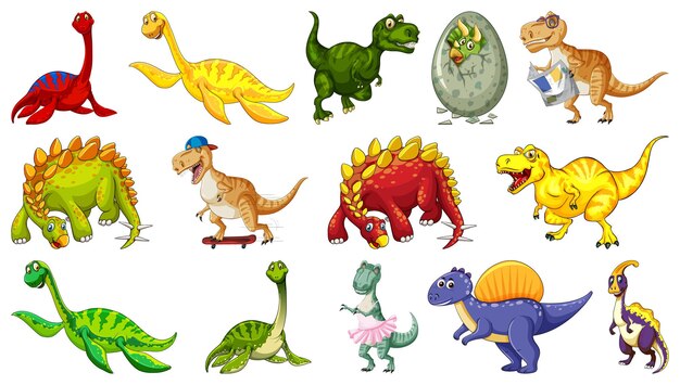Muchos dinosaurios sobre fondo blanco.