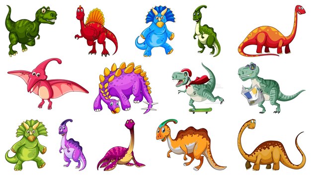 Muchos dinosaurios sobre fondo blanco.