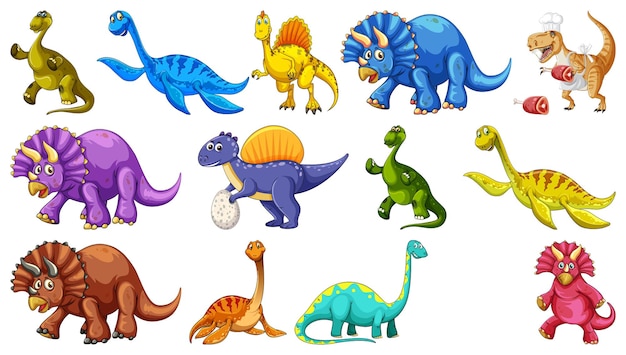 Vector gratuito muchos dinosaurios sobre fondo blanco.