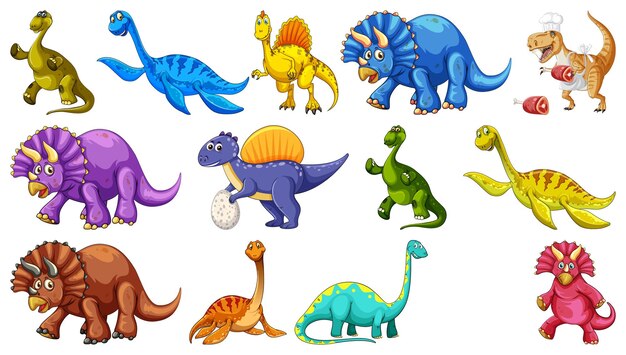 Muchos dinosaurios sobre fondo blanco.