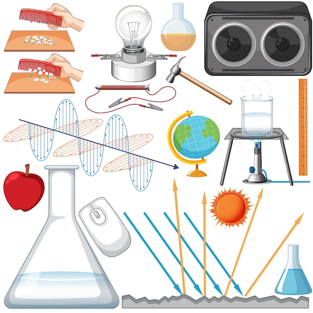 Vector gratuito muchos equipos de ciencia sobre fondo blanco.