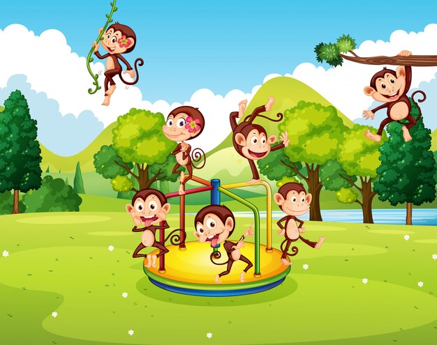 Muchos monos jugando en el parque