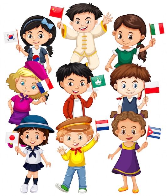 Vector gratuito muchos niños con bandera de diferentes países.