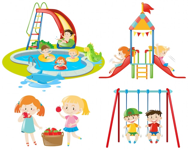 Muchos niños jugando en el parque infantil y en la piscina