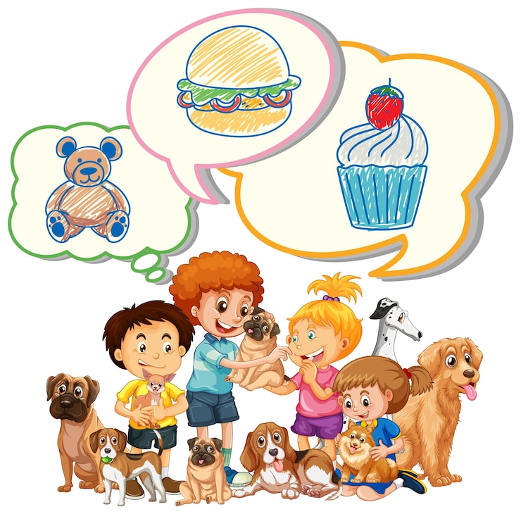 Vector gratuito muchos niños con mascotas tienen burbujas de pensamiento