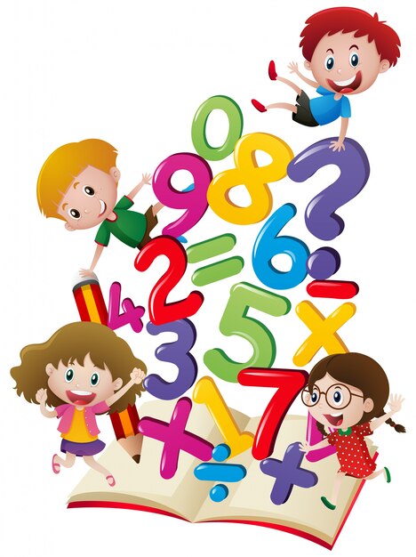 Muchos niños con números en el libro