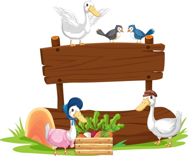 Muchos patos con cartel de madera