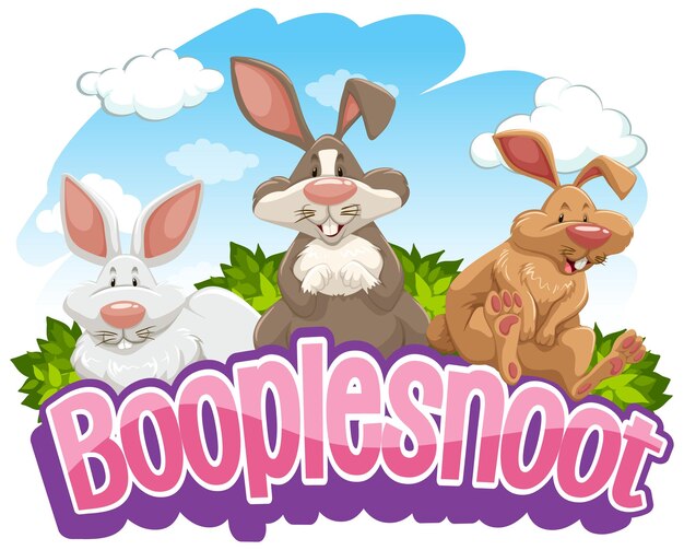 Muchos personajes de dibujos animados de conejos con banner de fuente Booplesnoot aislado