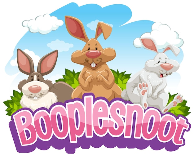 Muchos personajes de dibujos animados de conejos con banner de fuente booplesnoot aislado