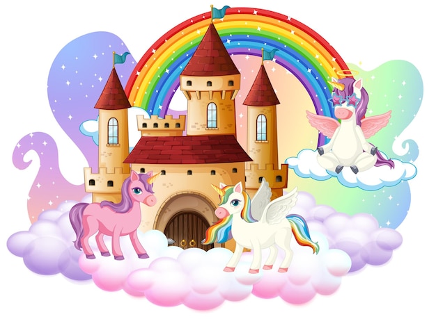 Muchos personajes de dibujos animados lindos unicornios con castillo en la nube