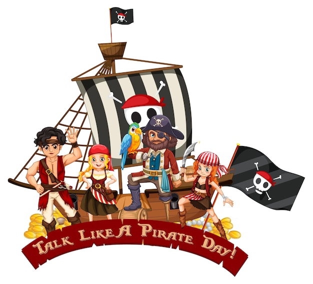 Muchos personajes de dibujos animados de piratas en el barco hablan como una fuente del día de los piratas