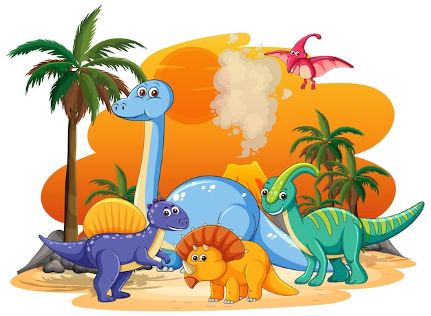 Vector gratuito muchos personajes de dinosaurios lindos en tierras prehistóricas aisladas