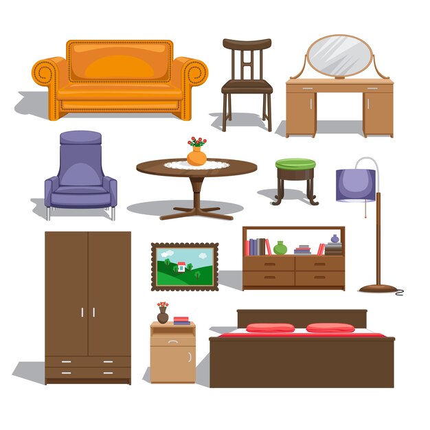 Muebles para dormitorio. Lámpara y mesa, silla y cuadro, cómoda y armario, cama doble y sofá, mesa e interior.