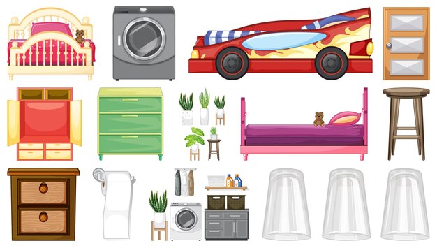 Muebles y electrodomésticos sobre fondo blanco.