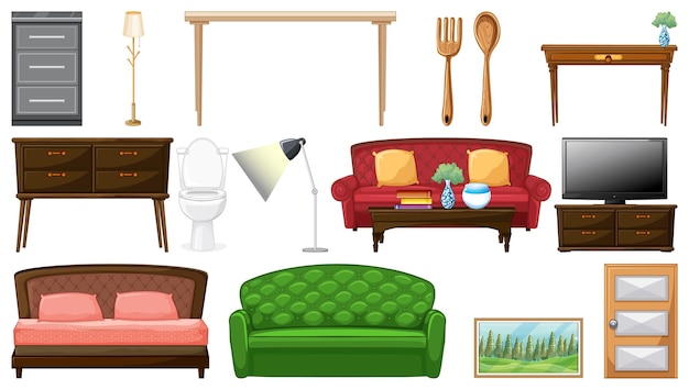 Muebles y electrodomésticos sobre fondo blanco.
