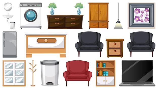Muebles y electrodomésticos sobre fondo blanco.