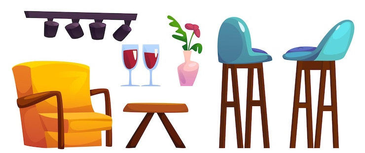 Vector gratuito muebles y elementos interiores de cafeterías o cafeterías