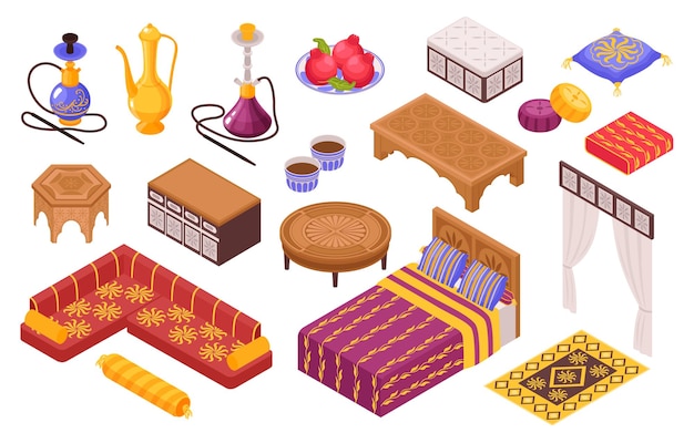 Muebles de estilo del medio oriente con sofá y cachimba isométrica ilustración vectorial aislada