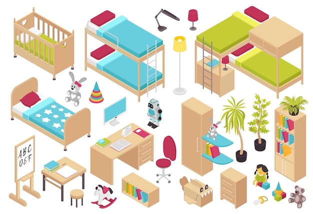 Muebles para habitación de niños conjunto isométrico de escritorio cuna guardarropa libro ruck litera iconos aislados vector ilustración