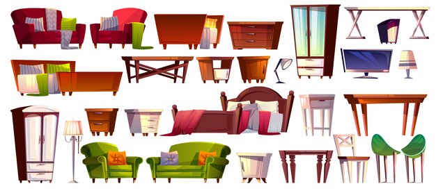 Muebles para el hogar de dormitorio y sala de estar interior conjunto de ilustración.