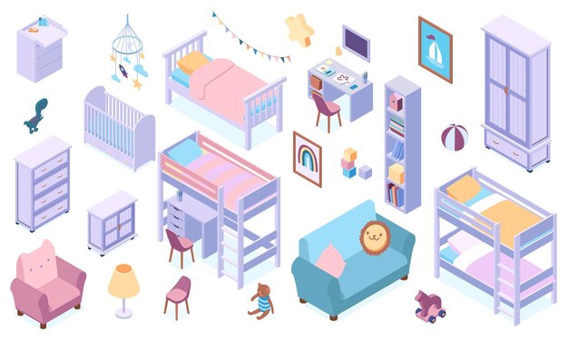 Muebles interiores isométricos para habitación de niños con cama, escritorio, estantería, cómoda, cuna, juguetes, lámpara, armario aislado sobre fondo blanco, ilustración vectorial 3d